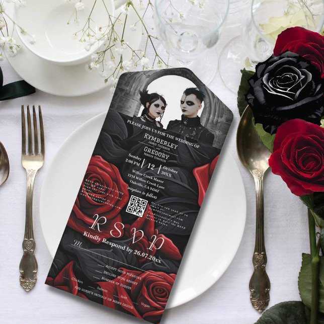 Elegant Dark Red Gothic Rose Black Photo QR Code All In One Invitation (Creator Uploaded)