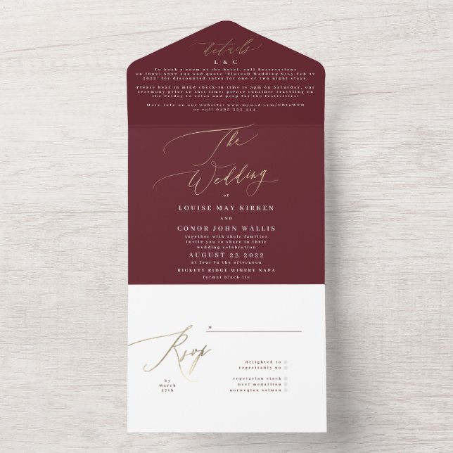 Elegant Dark Red Plum Burgundy Gold The Wedding All In One Invitation (Inside)