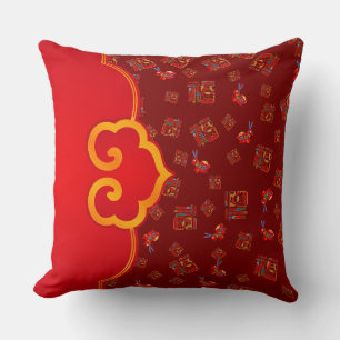 Elegant Dark Red Ruyi Lucky Symbol 福 Rabbits CNY Throw Pillow