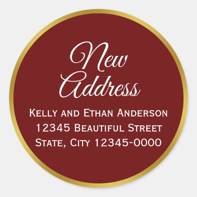 Elegant Dark Red White Gold Name and New Address Classic Round Sticker (Front)
