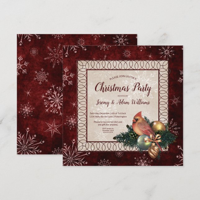 Elegant Dark Red with Cardinal Christmas Party Invitation (Front/Back)