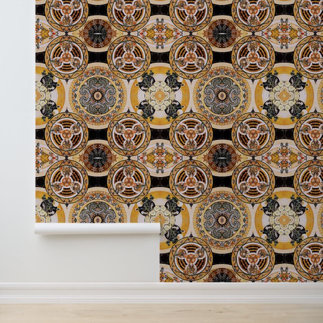 Elegant Dark Rich Art Nouveau Brown Beige Circles Wallpaper (Application)