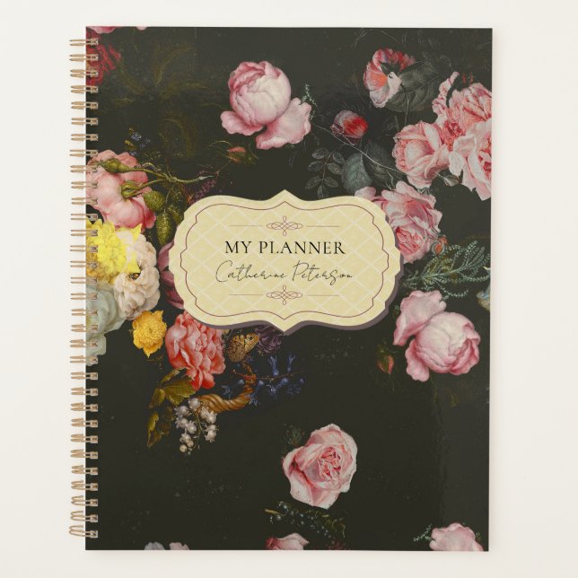 Elegant Dark Rich Chic Floral Pink Roses Planner (Front)
