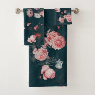 Elegant Dark Rich Dutch Floral Pink Roses Bath Towel Set