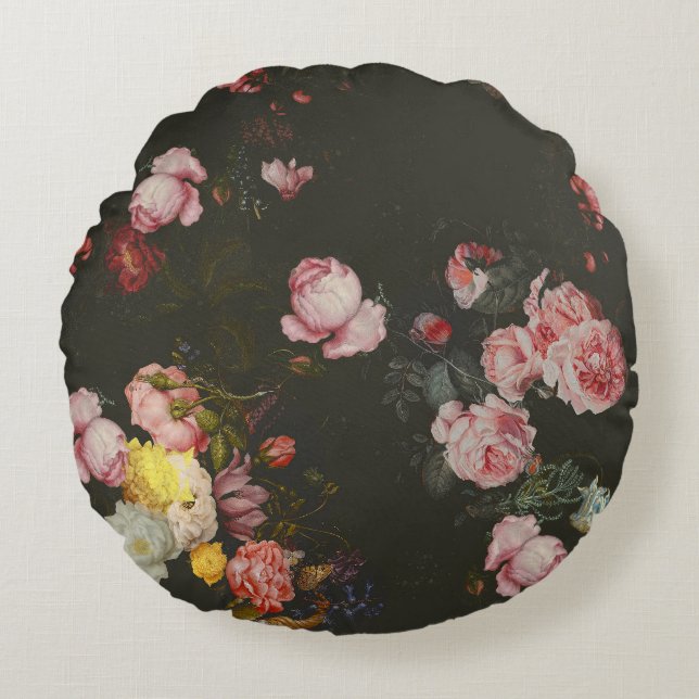 Elegant Dark Rich Floral Pink Roses Round Pillow (Front)