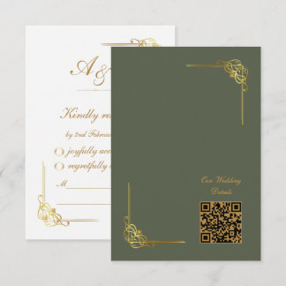 Elegant Dark Sage Gold Wedding Event QR Code RSVP Card