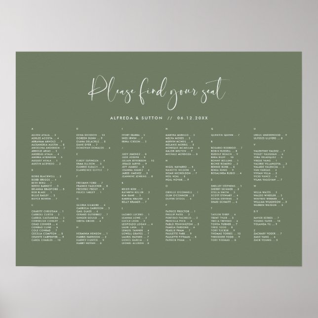 Elegant Dark Sage Green Alphabetical seating chart (Front)