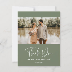 Elegant Dark sage green wedding photo Thank you Card