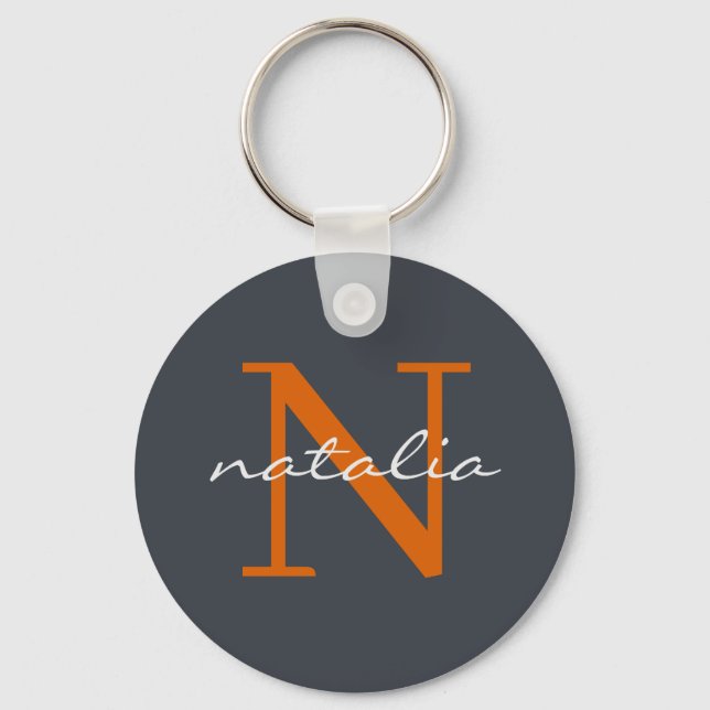Elegant Dark Slate with Orange Monogrammed  Keychain (Front)
