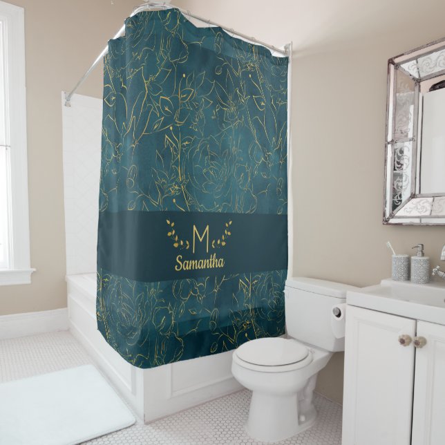 Elegant Dark Teal Blue & Gold Foil Floral Monogram (In Situ)