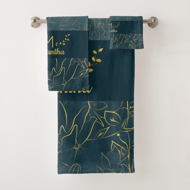 Elegant Dark Teal Blue & Gold Foil Floral Monogram Bath Towel Set (Insitu)