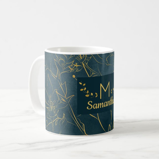 Elegant Dark Teal Blue & Gold Foil Floral Monogram Coffee Mug (Front Left)