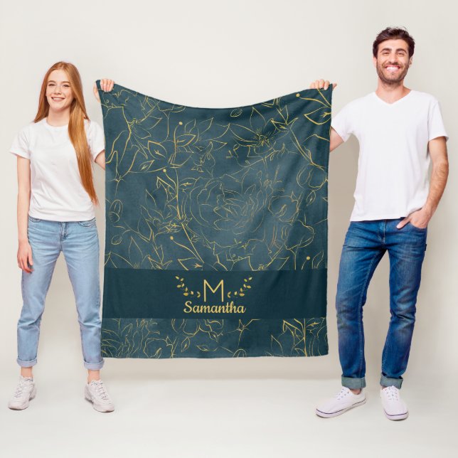 Elegant Dark Teal Blue & Gold Foil Floral Monogram Fleece Blanket (In Situ)