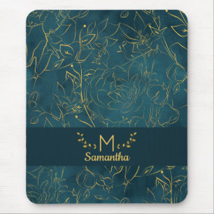Elegant Dark Teal Blue & Gold Foil Floral Monogram Mouse Pad