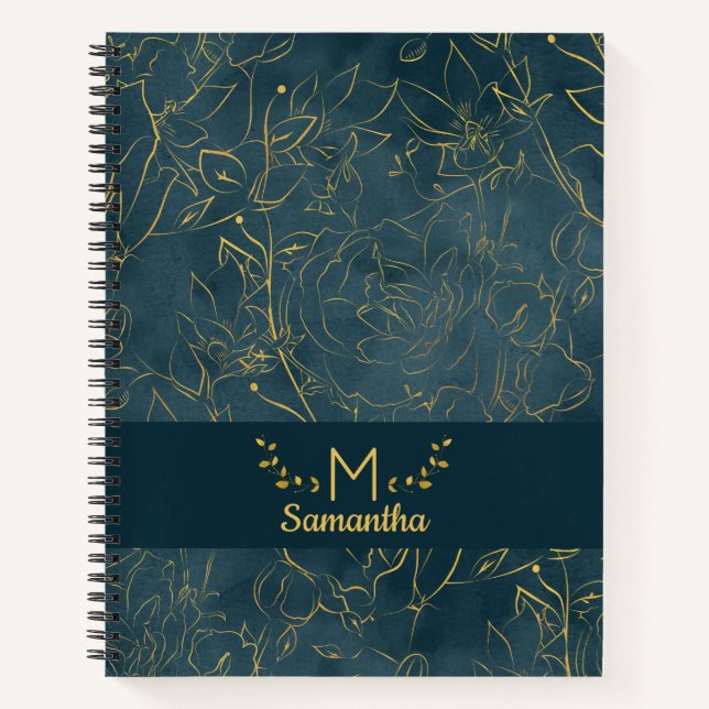 Elegant Dark Teal Blue & Gold Foil Floral Monogram Notebook (Front)