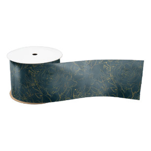 Elegant Dark Teal Blue Watercolor Gold Foil Floral Satin Ribbon