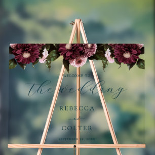 Elegant Dark Teal Burgundy Floral Wedding Acrylic Sign
