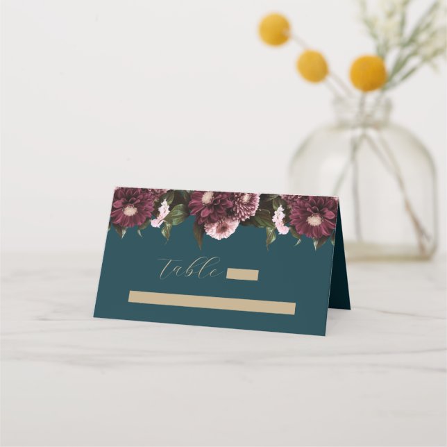 Elegant Dark Teal Burgundy Floral Wedding Place Card (Front)