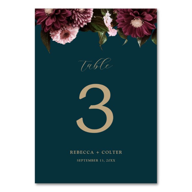 Elegant Dark Teal Burgundy Floral Wedding Table Number (Front)