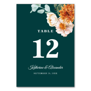 Elegant Dark Teal Burnt Orange Fall Floral Wedding Table Number