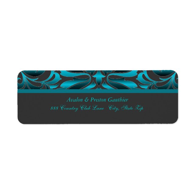 Elegant Dark Teal Damask Wedding Address Label (Front)