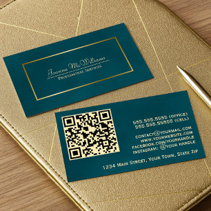 Elegant Dark Teal & Gold Professional QR Code Business Card