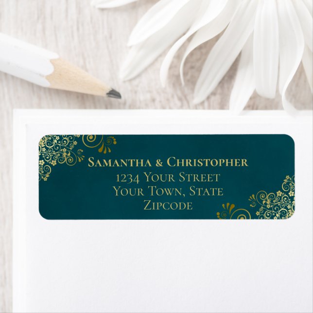 Elegant Dark Teal & Gold Wedding Return Address (Insitu)