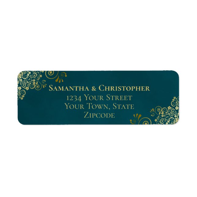 Elegant Dark Teal & Gold Wedding Return Address (Front)