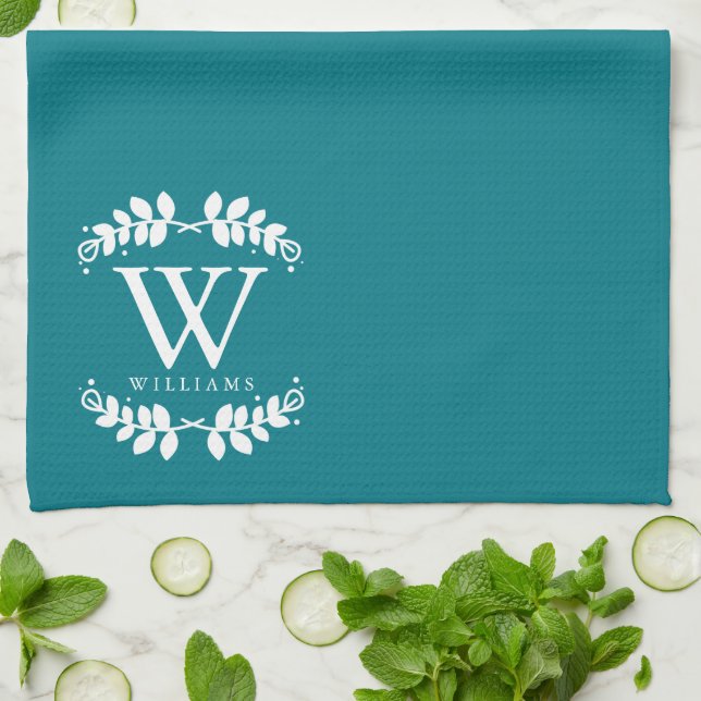 Elegant Dark Teal Monogram Kitchen Towel (Folded)