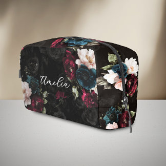 Elegant Dark Teal Red Floral Monogram Dopp Kit