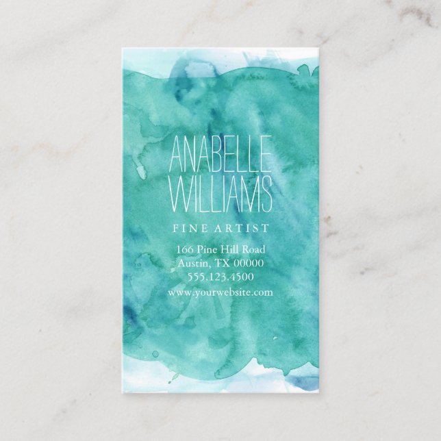 Elegant Dark Teal Watercolor Business Card (Front)