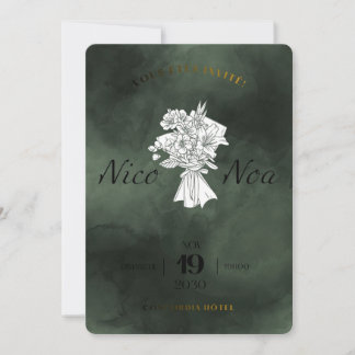 Elegant Dark Teal Watercolor Wedding Invitation wi