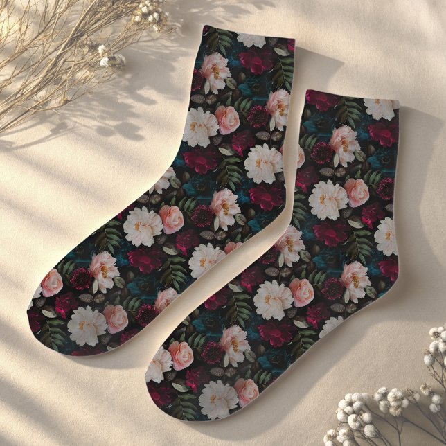 Elegant Dark Turquoise Red Floral Socks (Creator Uploaded)