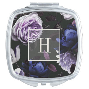 Elegant Dark Violet Floral   Monogrammed Compact Mirror