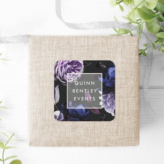 Elegant Dark Violet Floral Personalized Square Sticker (Creator Uploaded)