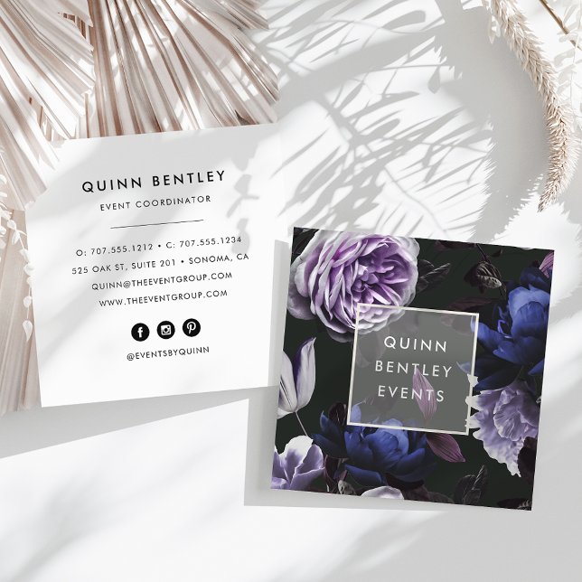 Elegant Dark Violet Floral Square Business Card (Creator Uploaded)