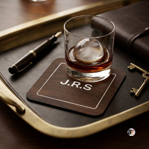 Elegant dark woodgrain minimalist monogram square paper coaster
