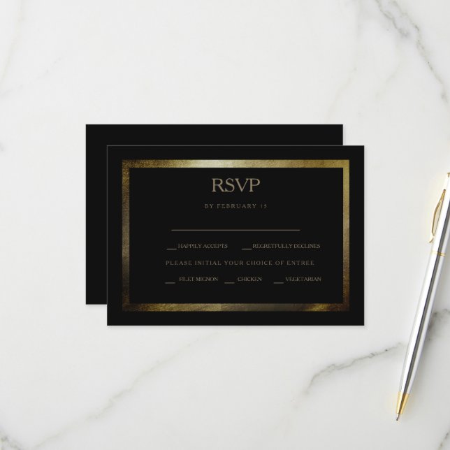 Elegant Day Black & Gold Wedding RSVP Card (Front/Back In Situ)