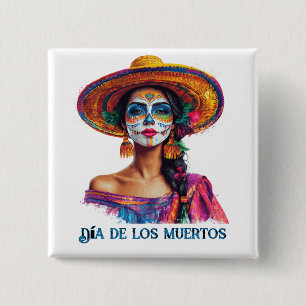 Elegant Day of the Dead Sugar Skull Lady Colourful 2 Inch Square Button