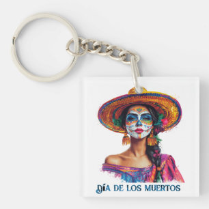 Elegant Day of the Dead Sugar Skull Lady Colourful Keychain