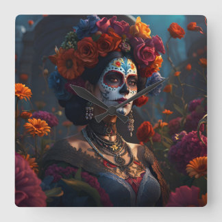 Elegant Day of the Dead Vibrant Colored Clock