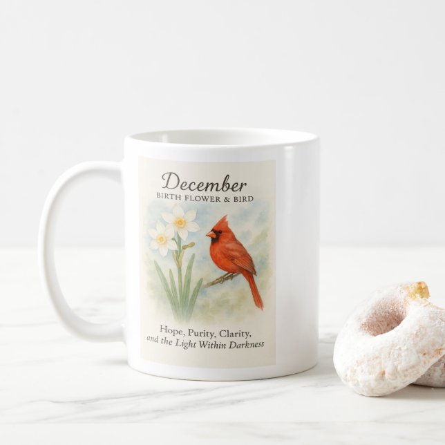 Elegant December Scripture Christian Cardinal Coffee Mug (With Donut)