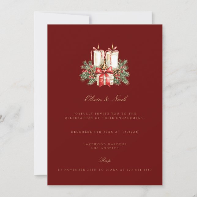 Elégant décor rouge Noël Fiançailles Invitation (Devant)