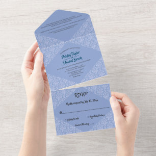Elegant Decorative Blue Damask Modern Wedding All In One Invitation