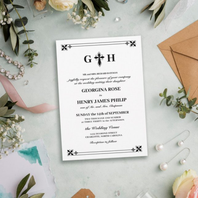 Elegant Decorative Cross Monogram Traditional Invitation (Creator Uploaded)