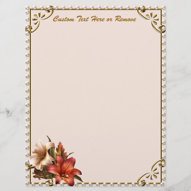 Elegant Decorative Gold Border Lilly Floral Flower Letterhead (Front)