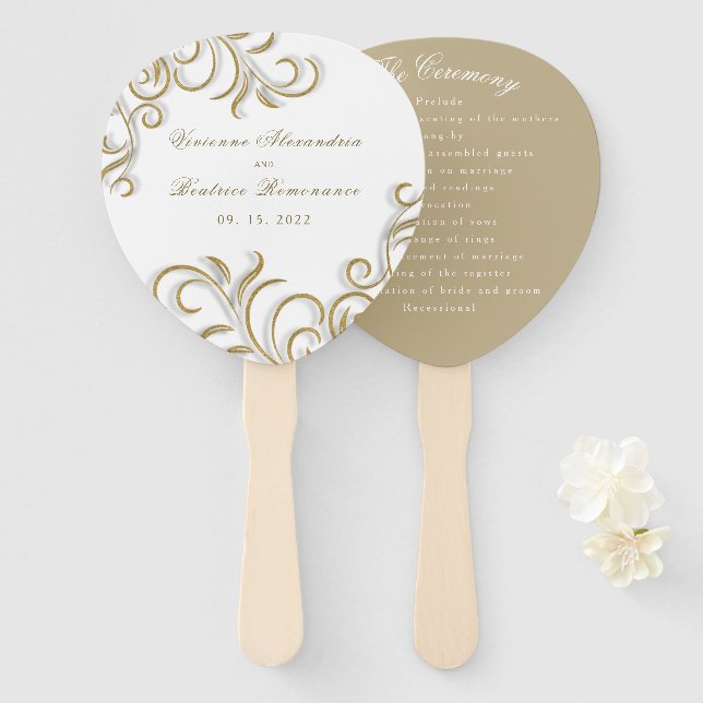 Elegant decorative gold scroll wedding program hand fan (Front and Back)