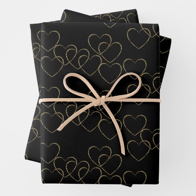 Elegant Decorative Heart Charms Gold and Black Wrapping Paper Sheet (In situ)