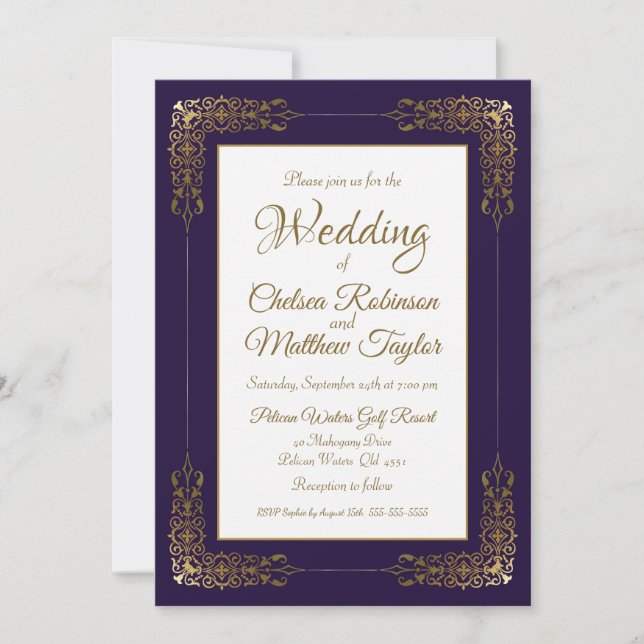 Elegant Decorative Purple and Gold Border Wedding Invitation (Front)