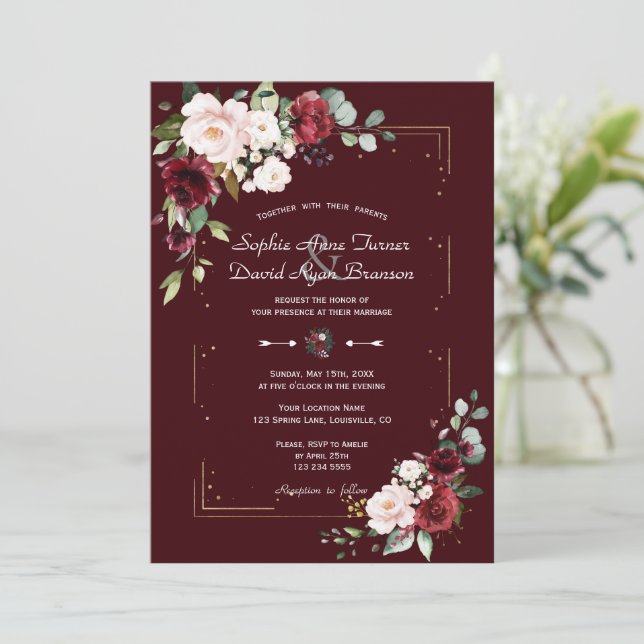 Elegant Deep Burgundy Blush Flowers Gold Wedding  Invitation (Standing Front)